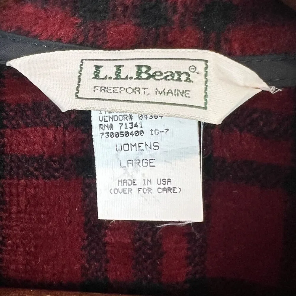 Vintage LL Bean Women Red Plaid Flannel Jacket Full Zip Long Sleeve Large‎ USA
